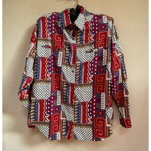 Vintage iLio Womens Blouse Top Button Down Shirt Medium Long Sleeve Multi Rayon